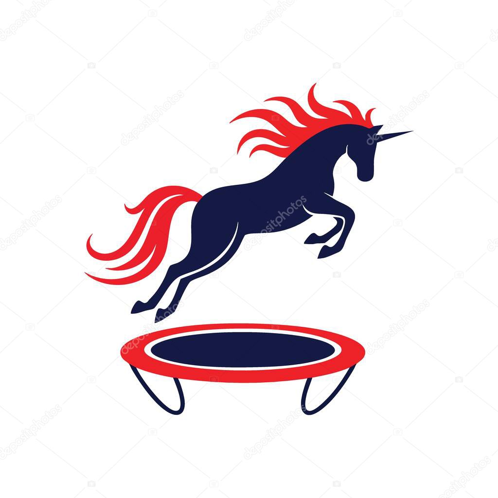 Magical Unicorn Trampoline Icon. Vibrant graphic featuring a horned horse soaring above a bouncing mat. This emblem signifies dreams, agility, and boundless joyful ambition.