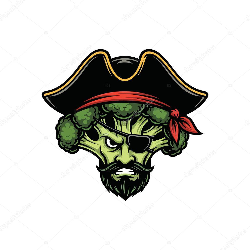 Angry Broccoli Pirate Mascot. This fierce green vegetable buccaneer with a stern expression features an eyepatch, hat, and bandana, symbolizing courage and healthy adventure.