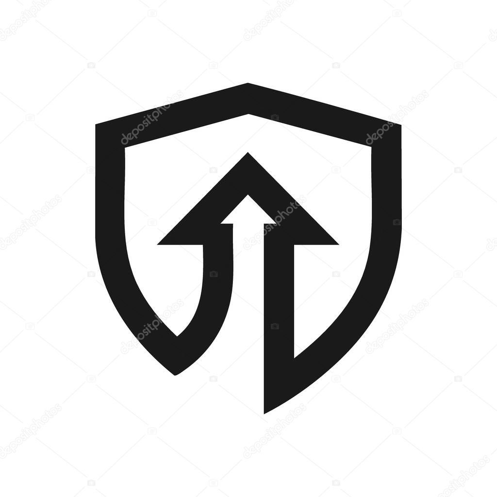 Secure Growth Progress Emblem. Clean graphic featuring a shield encompassing an ascending arrow. This design evokes security, forward momentum, and steady improvement.