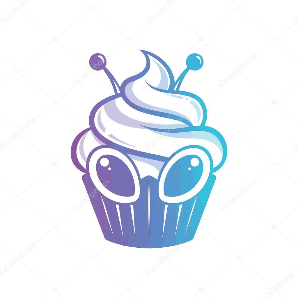 Sweet Alien Cupcake Cartoon Icon. This whimsical dessert character merges extraterrestrial charm with baked goodness. Vibrant gradient hues evoke playful, imaginative, and sugary delight.