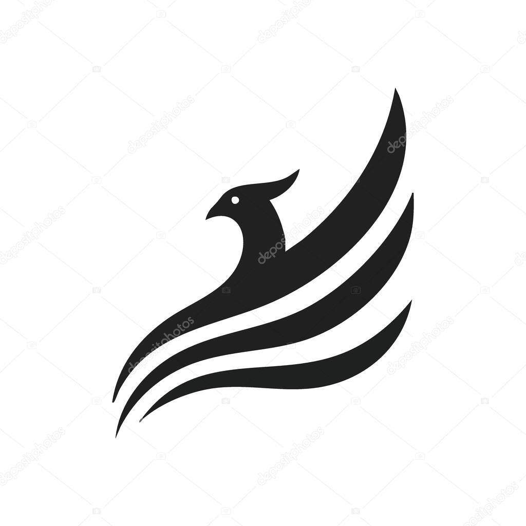 Elegant Phoenix Bird Rising Symbol. Minimalist mythical fowl illustration. This graphic signifies power, rebirth, and ascending achievement. Perfect for professional branding.