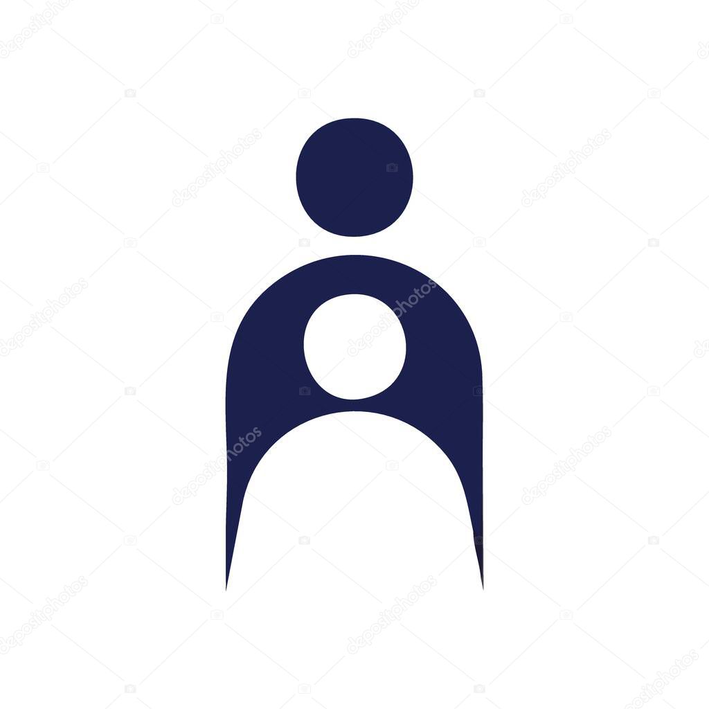Abstract Human Figure Icon. Stylized person symbol in deep blue, featuring a luminous white circle at its center. Evokes inner consciousness and individuality.