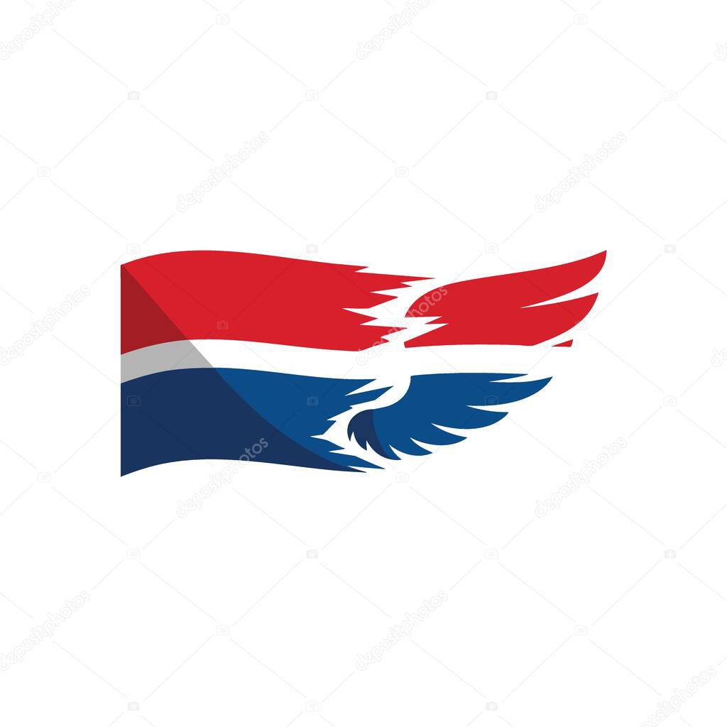 Dynamic Flag Wing Symbol. Abstract icon showing a vibrant banner transforming into elegant wings. Represents freedom, swiftness, triumph, and aspirations. Perfect for branding.