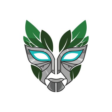 Doğa Teknolojisi Koruyucu Yüz. Organik yaprakları sentetik özelliklerle harmanlayan dinamik bir sembol. Çevre koruma ve gelecekteki yenilikleri somutlaştırır..