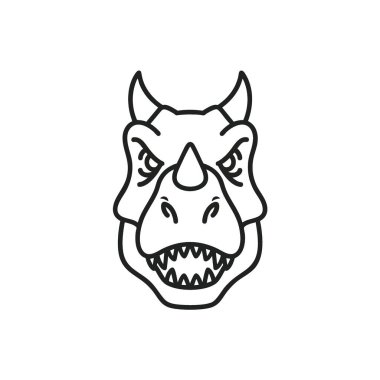 Vahşi Dinozor Kafa Çizgisi Sanat Simgesi. Bu saldırgan tarih öncesi yaratık çehresi keskin dişlere ve boynuzlara sahiptir. Basit bir kontur grafiği ham gücü ve eski gücü simgeliyor..