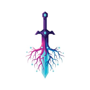 Büyülü Bıçak Köklü Güç. Büyüleyici bir illüstrasyon. Canlı, iç içe geçmiş dalları ve parlak küreleri olan mistik bir kılıç tasvir ediyor. Derin gücü ve temel enerjiyi temsil eder..