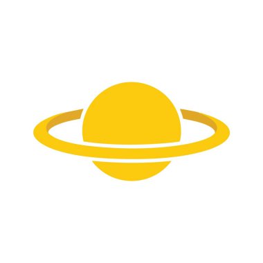 Minimalist Altın Halkalı Gezegen Simgesi. Parlak sarı bir küre, parlak bir bantla çevrili. Göksel güzelliği, bilimsel keşfi ve Dünya 'nın ötesindeki sonsuz olasılıkları çağrıştırıyor..