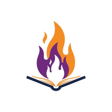 Bilginin Ateşli Kitap Amblemi. Canlı grafik, aydınlanma, derin okur yazarlık ve bilgeliği temsil eden coşkulu turuncu ve mor alevlerle açık bir yayın sunuyor..