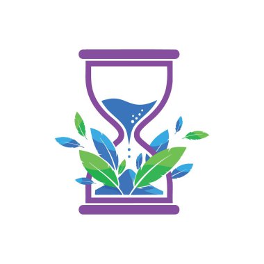 Zaman ve Doğa Uyum Simgesi. Bu zarif illüstrasyonda mavi sıvı ve yeşil yapraklı bir kum saati yer alıyor. Bu, hayatın kısacık anlarını, doğal gelişimini ve ekolojik dengeyi simgeliyor..