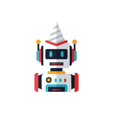 Kutlamalar için Şenlikli Robot Simgesi. Çizgili koni şapkalı canlı dijital karakter, neşe saçıyor. Teknoloji etkinlikleri, mutlu duyurular ya da yenilikçi parti temaları için mükemmel..