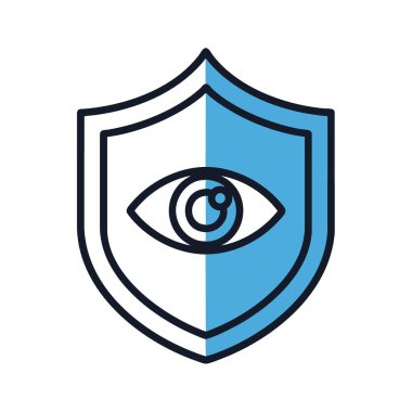 Koruyucu Göz Kalkanı Grafiği. Gözlemci bir iris ile koruyucu amblem gösteren anlayışlı bir ikon. Bu sembol güçlü siber koruma, bilgi gizliliği ve aktif.