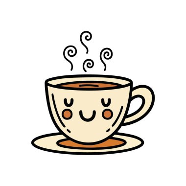 Gülümseyen Sadık İçecek Kadehi Tasarımı. Bu büyüleyici animasyon kupası sıcaklık ve sabah neşesi yayıyor. Mutlu ifade rahatlığı, huzuru ve keyifli anları simgeler..