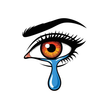 Güçlü Ağlayan Göz İllüstrasyonu. Yoğun, canlı bir optik damlacık mavi bir damlacık oluşturur. Bu çarpıcı grafik derin bir keder, derin bir ıstırap ve saf bir duygu taşır..