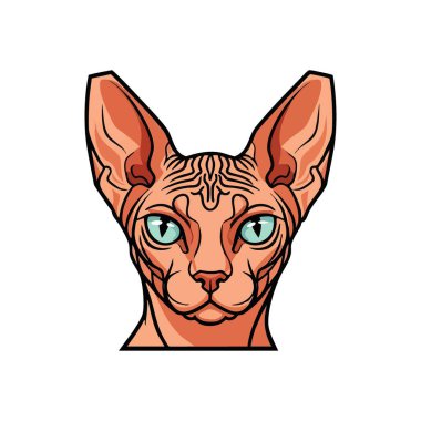 Zarif Sphynx Kedi Kafası Çizimi. Kılsız bir kedinin ayrıntılı grafiği, delici mavi gözleri ve buruşuk derisi, koyu bir arka planda. Zarafet ve egzotik cazibeyi temsil eder.