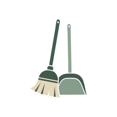 Süpürge ve Faraş Evi Temizliği. Temizlik için basit ev temizleme araçları. Bu grafik düzeni, günlük işleri ve hijyenik bir çevreyi temsil ediyor..