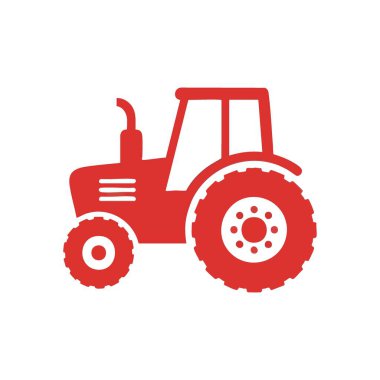 Kırmızı Tarım Traktör Simgesi. Bu canlı tarım aracı çizimi kırsal kesimlerin ve gıda üretiminin üretkenliğini, yetiştirilmesini ve temel çalışmalarını sembolize etmektedir..