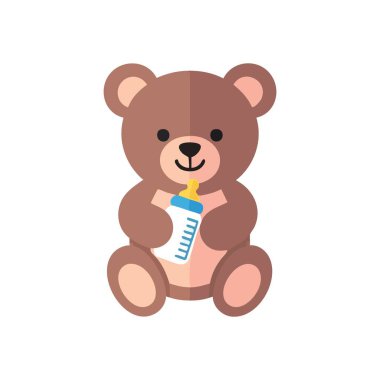 Bebek Şişeli Sevimli Oyuncak Ayı. Lezzetli pelüş bir oyuncak bu basit grafikte hemşire besleyicisini kucaklar. Çocukluğun sıcaklığını, şefkatini ve şefkatli anlarını temsil eder..