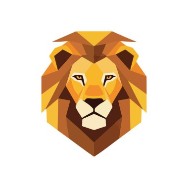 Geometrik Aslan Kafa Soyut Sanat. Çarpıcı bir çokgen kedi portresi. Cesareti, gücü ve liderliği simgeliyor. Bu çağdaş vahşi yaşam illüstrasyonu derin bir derinlikte sıcak toprak tonları içerir..