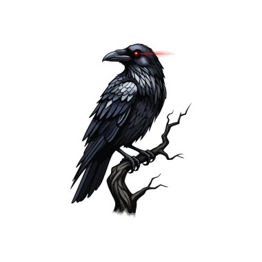 Parlayan Kırmızı Gözlü Kara Karga. Işıl ışıl kıpkırmızı bakışları olan uğursuz bir korvid, engebeli bir ağaç dalında derin bir zemin üzerinde duruyor. Gizemi, öngörüyü ve gizemi temsil eder..