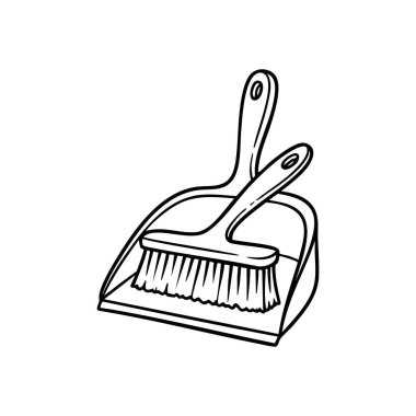 Faraş ve Fırça Temizleme Aracı. Taşınabilir bir kepçe ve küçük bir el süpürgesinin çıtır çıtır tek renkli çizimi, temizlik için gerekli. Düzeni, düzeni ve ev bakımını sembolize eder.