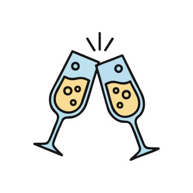 Şampanyalı Flütler Simgesi. Bu canlı illüstrasyon, kabarcıklı şampanyalı şarabın iki zarif kadehini sembolize eden zafer, dostluk ve şenlik vesilesini tasvir ediyor..