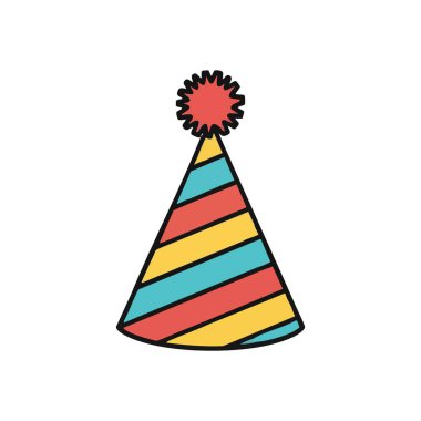 Renkli Parti Şapkası Simgesi. Şenlikli toplantılar için canlı çizgili başlık. Neşeyi, eğlenceyi ve eğlenceyi sembolize eder, neşeli durumlar için mükemmeldir..