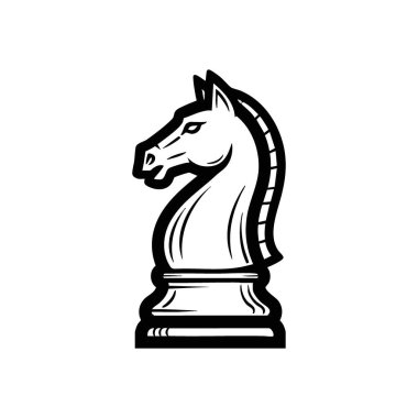 Cesur Beyaz Satranç Şövalyesi Amblemi. Asil bir oyunun bu tek renkli tasviri stratejik zekayı ortaya koyuyor. Rekabet ve zihinsel keskinlik temaları için ideal.