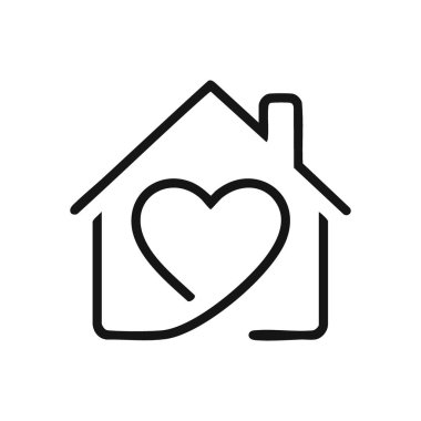 Evim güzel evim ikonu. Bu minimalist grafik, sevgiyi kucaklayan bir konutu tasvir ediyor. Güvenlik, aile, rahatlık ve sevgi dolu bir yere ait olma hissini taşır..