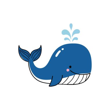 Mutlu Karikatür Balina Karakteri. Sevimli bir su memelisi çizimi, bu neşeli okyanus sakini zarif bir şekilde bir su akıntısı püskürtür. Derin denizlerin dinginliğini ve enginliğini temsil eder..