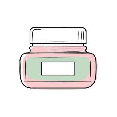 Pembe Kozmetik Şişesi Çizimi. Cilt ürünleri satan bir teknenin el yapımı büyüleyici bir çizimi. Doğal saflığı, kibarlığı ve basit güzellik ritüellerini sembolize eder..