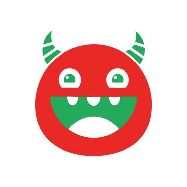 Dost canlısı Kırmızı Boynuzlu Yaratık. Canlı, neşeli, sırıtan bir canavar karakteri. Bu oyuncu illüstrasyon, karanlık bir arka planda keyif ve haylaz eğlenceyi somutlaştırıyor..