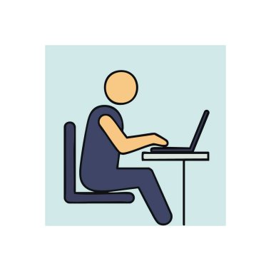 Bilgisayar üzerinde çalışan kişi. Taşınabilir elektronik bir cihazla üretken bir faaliyet gösteren bir bireyin stilize edilmiş çizimi. Modern bağlantıyı, çevrimiçi eğitimi ve.