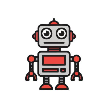 Sevimli Modern Robot Karakteri. Neşeli tavırları olan çekici bir illüstrasyon makinesi. Yapay zekayı, dijital yeniliği ve geleceğin teknolojisini sembolize eder..