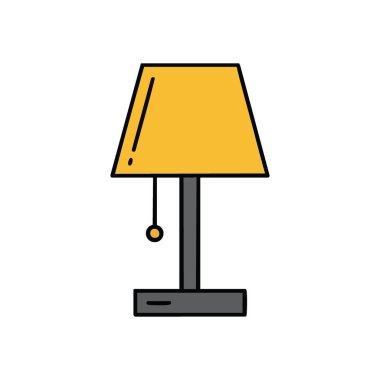 Klasik masa üstü lambası. Karanlık bir arka planda parlak sarı bir gölgesi olan dekoratif bir ışık kaynağının basit bir tasviri samimi atmosferler ve anlayışlı düşünceleri çağrıştırıyor..