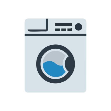 Modern Çamaşır Makinesi Grafiği. Çağdaş bir ön yükleme çamaşır makinesi tasviri, varili suyla gösteriliyor. Temizlik ve ev işleri temalarını iletiyor..