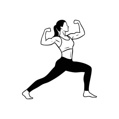 Güçlü Kadın Kas Şeklini Gösteriyor. Bu minimalist grafik, fiziksel hünerini gösteren heybetli bir bayanı gösteriyor. Güçlenme, esneklik ve vücut güvenini sembolize eder..