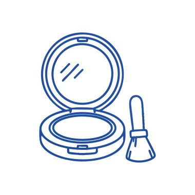 Güzellik Kompakt ve Fırça Çizgisi Sanatı. Üzerinde aplikatör olan bir kozmetik tozunun zarif mavi çizimi. Bu illüstrasyon günlük güzellik ayinlerini ve kişisel tımarı sembolize eder..