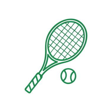 Yeşil Tenis Raketi ve Top Simgesi. Canlı bir zümrüt atletik alet ve mahkeme oyunu için beyaz küresel küre. Bu dinamik grafik atletizmi, uygunluğu ve aktif eğlenceyi temsil eder..