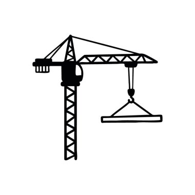 İnşaat Alanı Crane Sembolü. Minimalist beyaz grafik ağır kaldırma ekipmanları tasvir ediyor. İlerleme, altyapı, kentsel genişleme ve mühendislik çalışmalarını temsil eder.