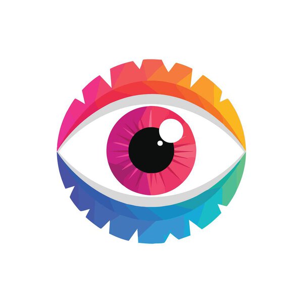 Colorful Geometric Eye Vision. A striking digital optic emblem set within a vivid, low poly cogwheel, symbolizing insight, technology, and interconnectedness.