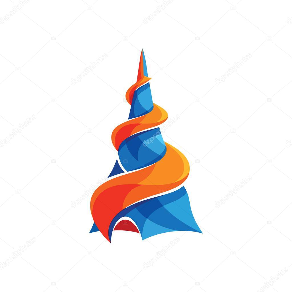 Dynamic Colorful Cone Design. A captivating graphic showcasing a prominent blue peak encircled by a vivid, swirling orange and crimson ribbon. Conveys upward motion and creativity.