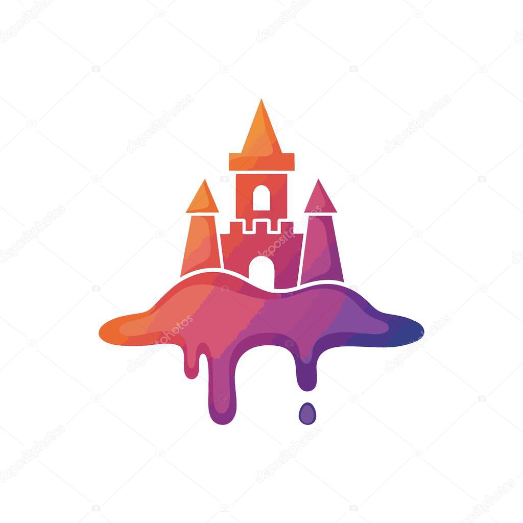 Vibrant Dream Castle Liquid Art Icon. An enchanting fortress rendered in a stunning gradient of orange, pink, and violet hues. This playful illustration evokes childlike wonder and imagination.