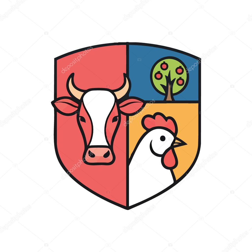 Farm Life Emblem with Animals and Tree. Vibrant shield featuring a bovine, poultry, and fruit tree, symbolizing sustainable farming, natural produce, and rural abundance.