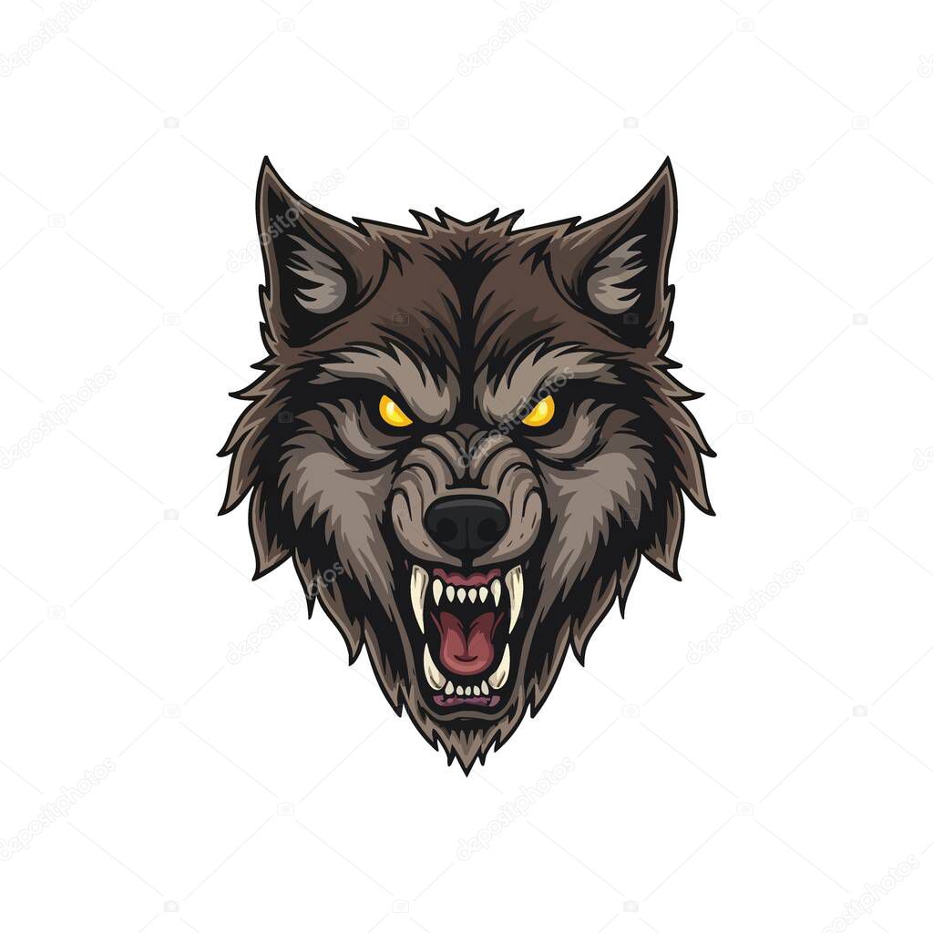 Aggressive Wolf Head Growling Mascot. A detailed illustration of a powerful canine with intense golden eyes and bared teeth. This snarling creature symbolizes untamed strength and protection.
