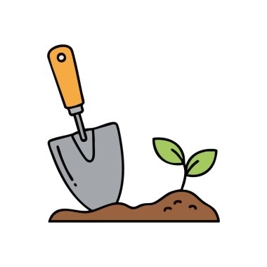 Trowel yeni tohumlar ekiyor. Küçük bir el küreği taze yeşil bir filizin yanında kahverengi toprak yetiştirmeye hazır. Büyümeyi, yeni başlangıçları ve doğayı temsil eder..