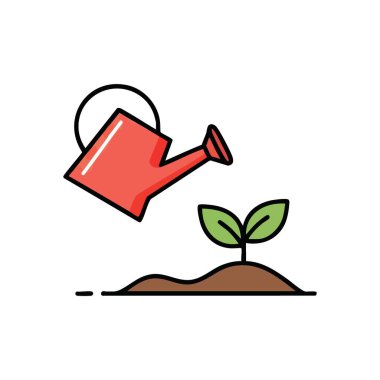 Taze Taze Taze Yeşillik. Canlı kırmızı sulama kabı, hassas yeşil bir bitkiyi besler. Bakımı, yeni başlangıçları ve yaşamın sürdürülebilir yetiştirilmesini sembolize eder..