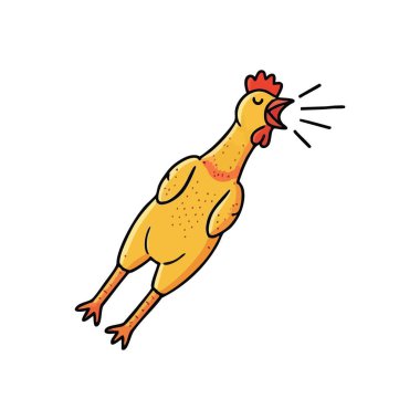 Çığlık atan oyuncak tavuk. Klasik sarı lastik bir kümes hayvanının canlı bir çizgi film çizimi. Komik saçmalıkları, stres atmayı ve şakacı mizahı mükemmel bir şekilde yakalıyor..