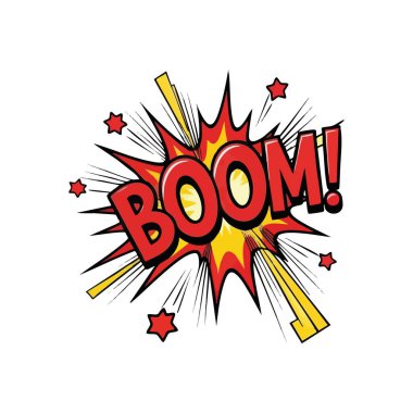 Boom Comic Burst Ses Efekti. Ateşli sarı bir ışık ve dağınık yıldızlarla çevrili kalın kırmızı harflerle BOOM ile canlı bir pop sanat grafiği. Ani darbeyi, enerjiyi ve heyecanı simgeler..