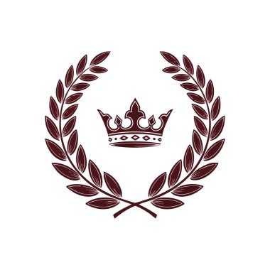 Görkemli Taç ve Zafer Çelengi. Zarif bir amblem klasik bir zeytin çelengi içinde asil bir diyabet sergiliyor, başarıyı, yüce otoriteyi ve ebedi onuru temsil ediyor..