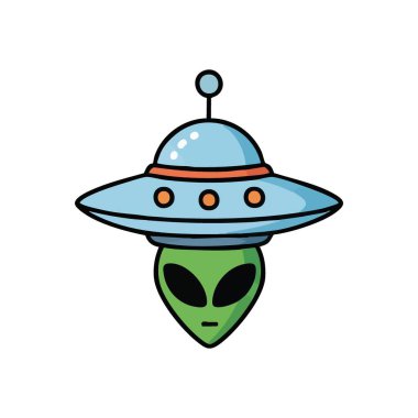 UFO Illustration 'daki tuhaf uzaylı. Tanımlanamayan bir hava aracındaki bilinçli bir varlığın hoş bir yorumu. Hayret, gizem ve yaratıcı yolculukları çağrıştırıyor..